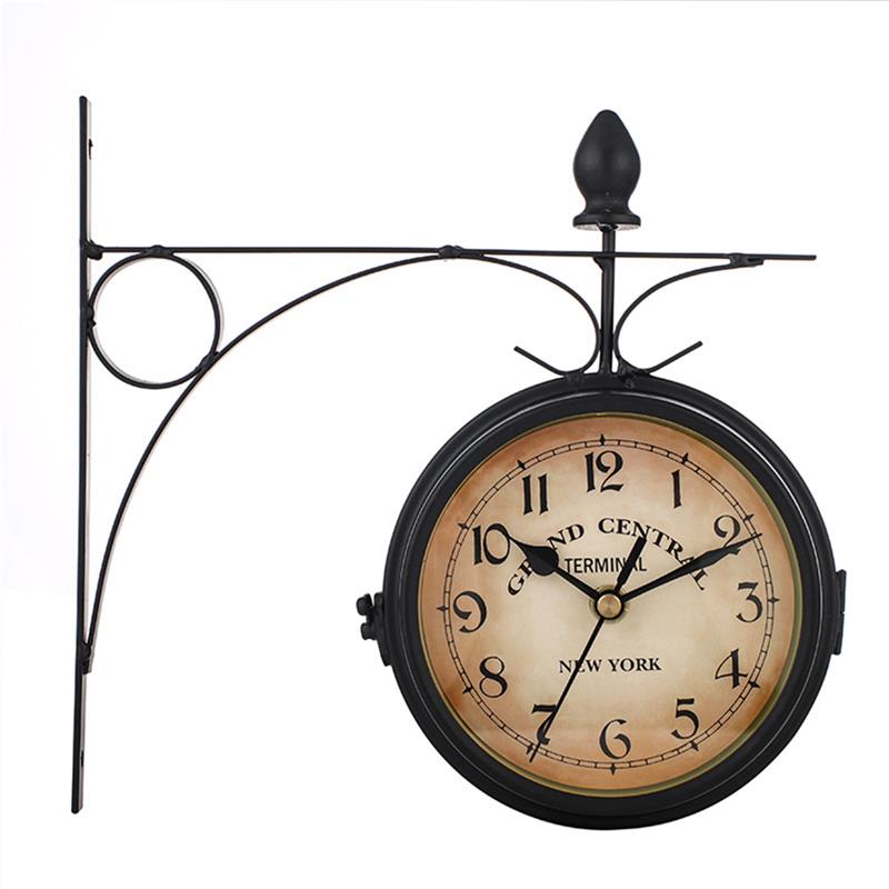 Retro Double Side Rotating Wall Clock Metal Hanging Clock Outdoor /Home/Garden Decor European Clock Wall Mounted+Bracket: Default Title