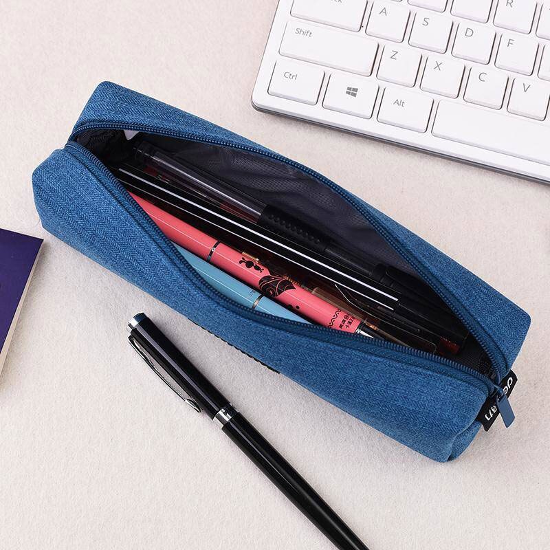 Canvas Blue Pencil Case Solid Color Stripes Simple Pencil Bags for Student Stationery School Supplies Kids
