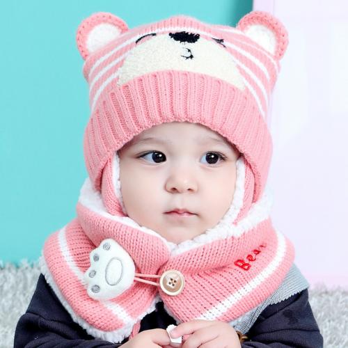 6M-34M Unisex invierno niños bebé niñas dibujo animado de oso para niños sombrero de punto a rayas gorro lana bufanda orejera mantener el conjunto para al aire libre: Rosa