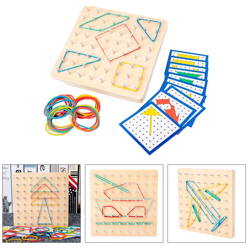 Houten Geoboard Met 20Pcs Patroon Kaarten En Latex Bands Voor Voorschoolse Kinderen