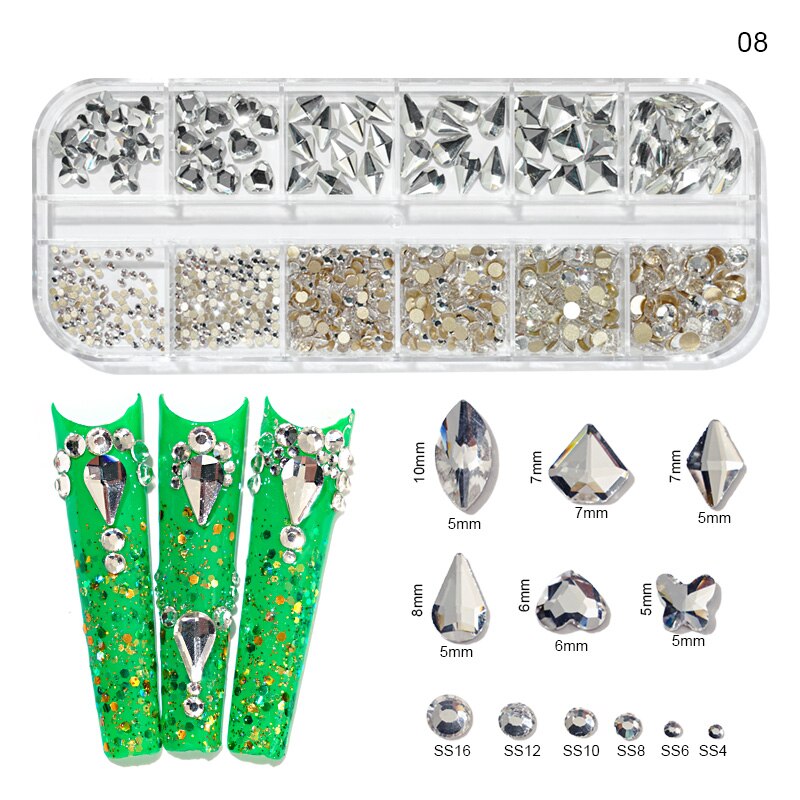 12 gördar blandade storlekar klein blå diamanter nagel strass 3d nail art dekor flatback glänsande kristall 3d glitter ädelstenar strass 1 låda: 8