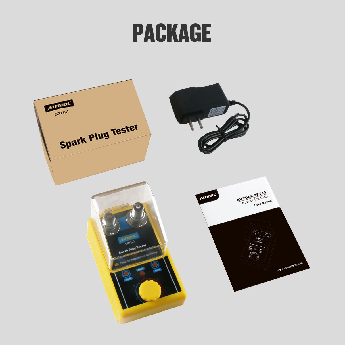 AUTOOL SPT101 Car Spark Plug Tester with Auto Adjustable Double Hole Detector Ignition Plug Analyzer 110V 220V for 12V Vehicles