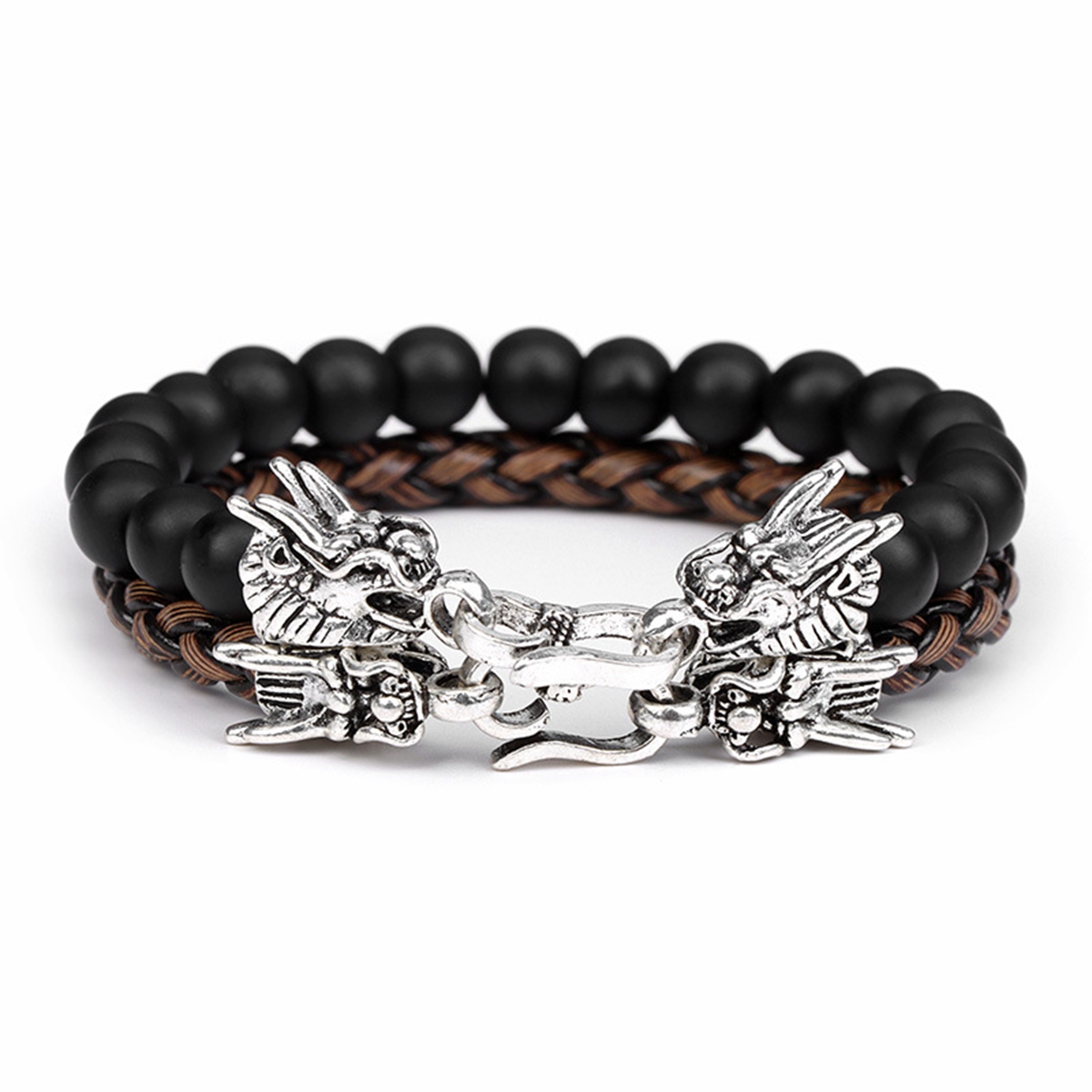 Heren Paar Lederen Edelsteen Kralen Armbanden Dragon Clasp Angst Stress Verlichting Healing Chakra 8Mm Ronde Kralen Set Sieraden: Paars