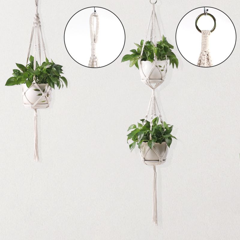 Cesta colgante de macramé hecha a mano para plantas, soporte para macetas de jardín, decoración colgante de pared de macramé para balcón, cuerda de elevación anudada, decoración del hogar