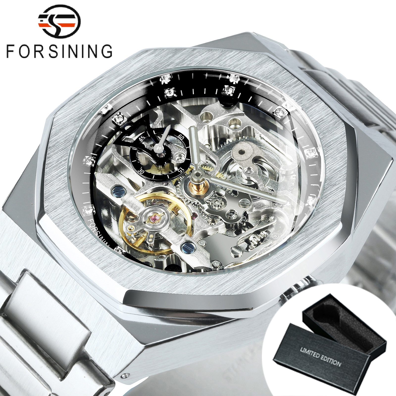 Forsining Lässige automatische mechanische Uhr für Herren, leuchtende Zeiger, Edelstahlarmband, modische Luxus-Skelett-Herrenuhren: Mehrfarben