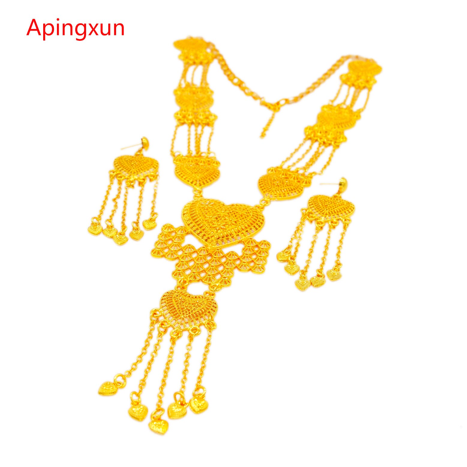 Apingxun 24K Gold Kleur Tassles Ketting &amp; Oorbellen Sieraden Set Afrikaanse Australische Vrouwen Bridal Wedding Charm Sieraden