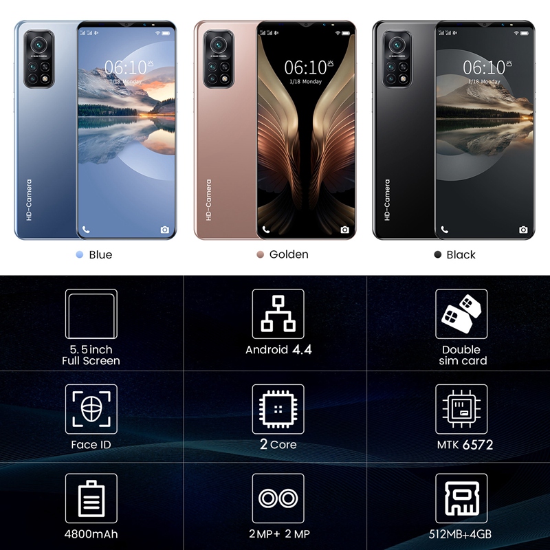 Téléphone portable M10T Pro, écran de 5.5 pouces, smartphone, MTK6572, double cœur, 512 mo de RAM, 4 go de rom, double veille, Android 4.4, prise ue