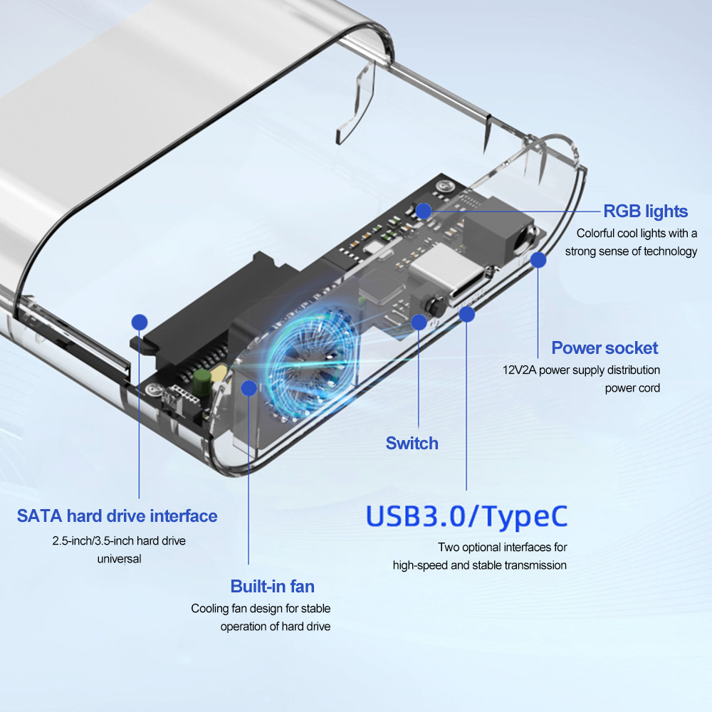 2.5/3.5 Inch RGB SATA HDD Case SATA to USB 3.0 Type C Transparent SSD Adapter External Storage Hard Support 28TB Disk Drive Box