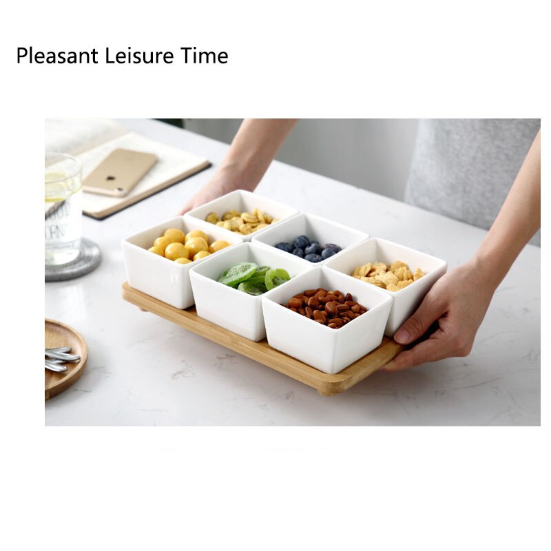 Keramische plaat houten schaal japanse stijl rooster snacks meloen fruit partitie plaat gedroogd fruit bord snoep noten schaal combinatie