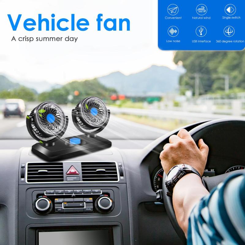 Mini ventilador eléctrico para coche, dispositivo de ventilación pequeño de 12V y 24V, Individual/doble, doble cabezal, USB, rotación de 360 grados, refrigeración de bajo ruido