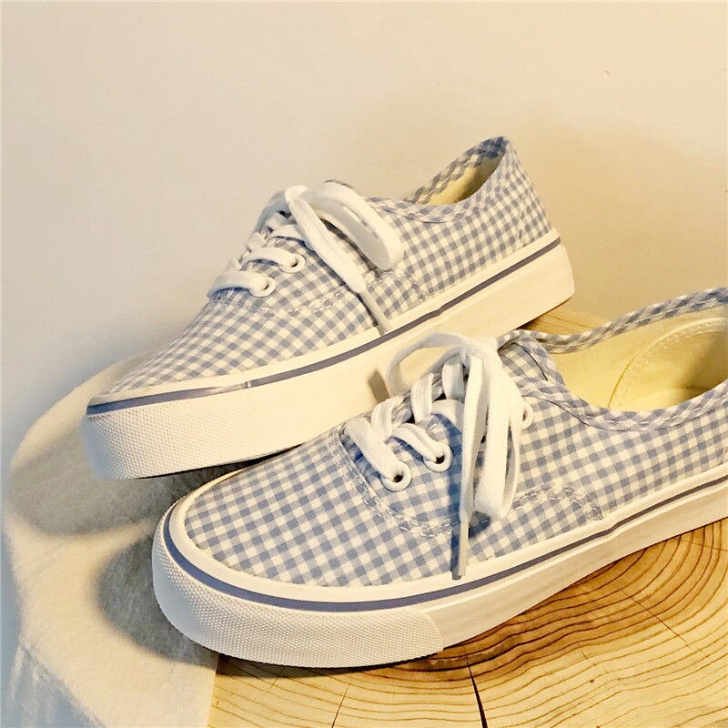 Chaussures en toile de damier bleu authentique pour femmes, baskets de skateboard, plates vulcanisées pour filles