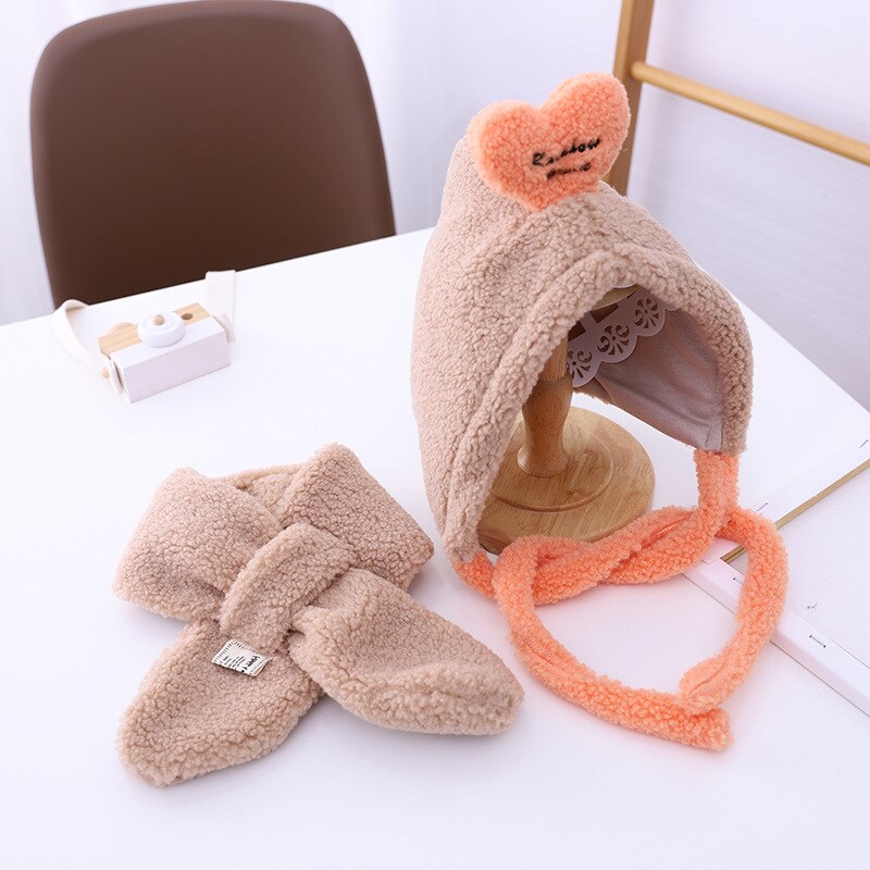 Girl's hat autumn winter ear cap children's scarf hat set foreign style baby lamb cashmere love tie up hat kids hats: 1