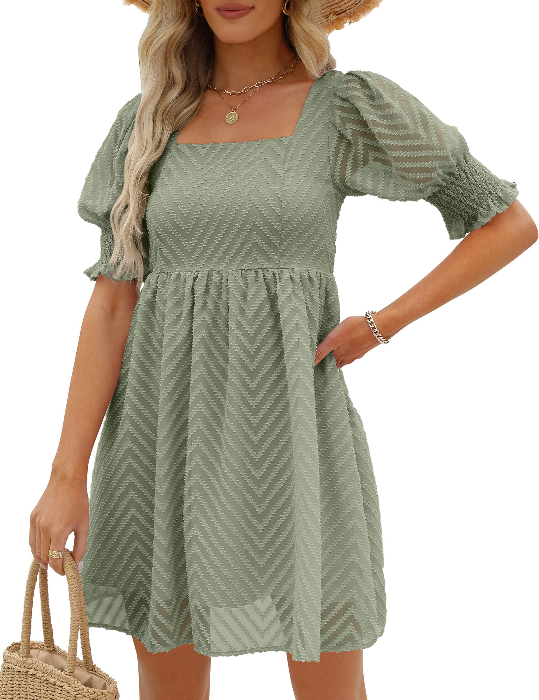 Damen-Sommerkleid 2023, lässig, fließend, Strand, quadratischer Ausschnitt, Laterne, kurze Ärmel, plissiert, A-Linien-Kleid, Krawatte, Minikleid: L / Hellgrün