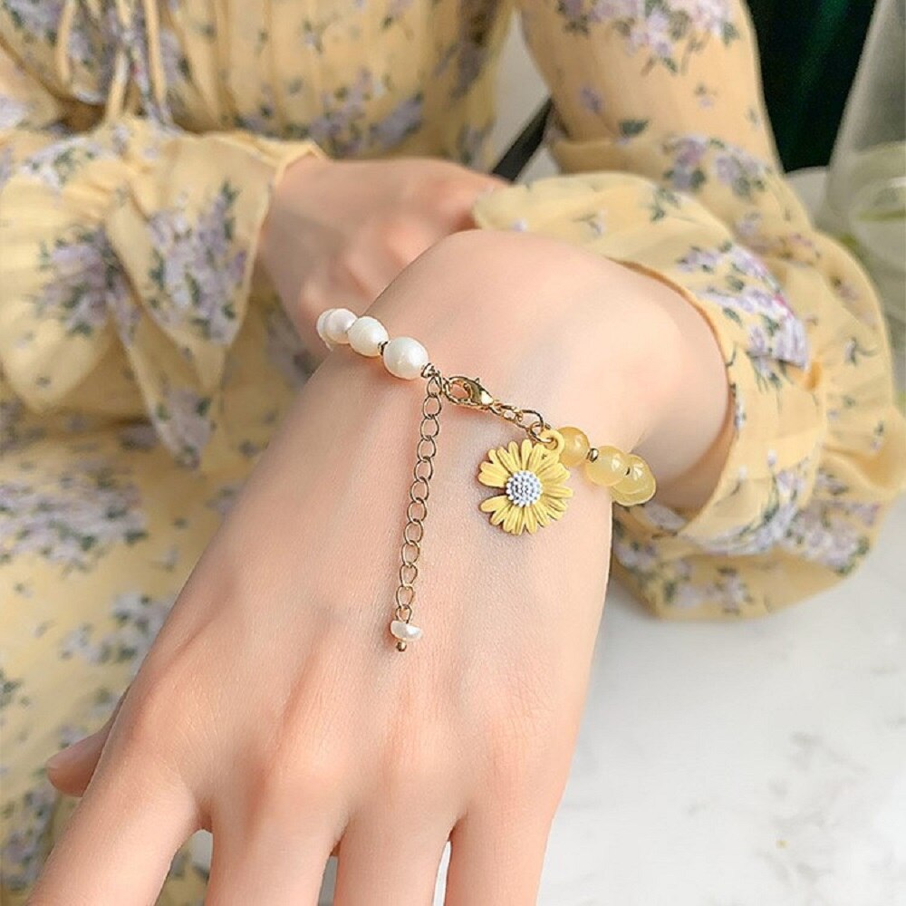 Koreaanse Ovale Parel Opaal Kleine Daisy Bloem Armbanden Voor Vrouwen Sieraden Verstelbare Eenvoudige Armbanden Sieraden