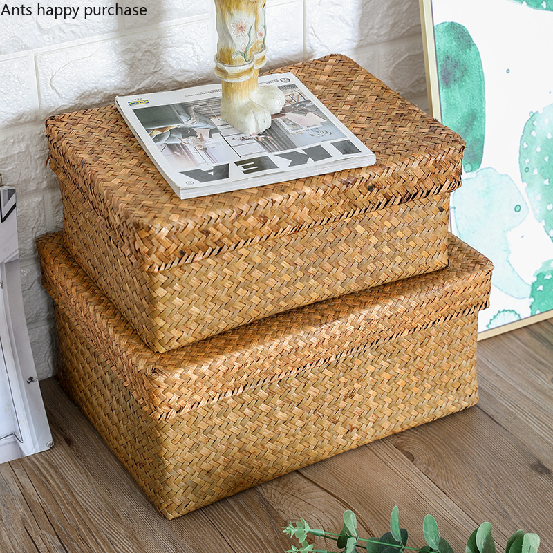 Straw Storage Box with Lid Rectangular Household Living Room Retro Sundries Woven Storage Basket Bedroom Clothing Storages Box