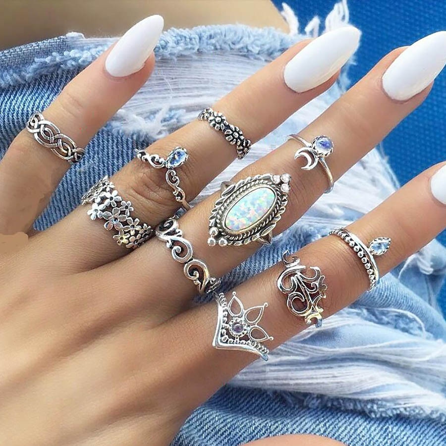 Bague Femme Vintage Ringen voor Vrouwen Boho Geometrische Bloem Crystal Knuckle Ring Set Bohemian Midi Vinger Sieraden Zilveren Kleur