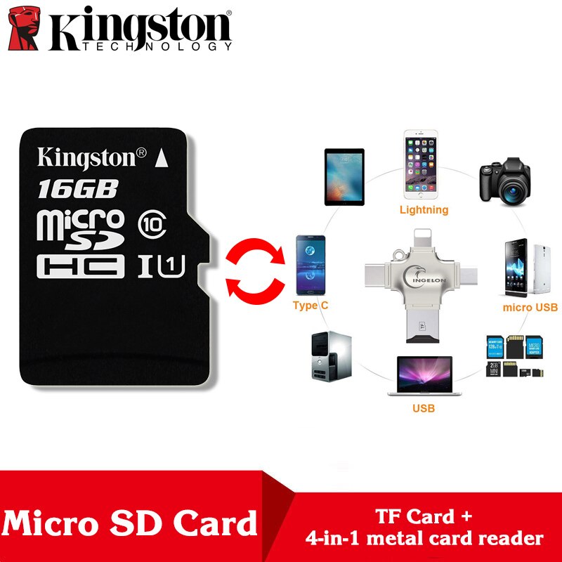 Kingston Microsd 8gb 16gb 32gb 64gb 128gb 256gb Memory Card Class 10 SDHC TF Card With Card Adapter/Reader for iphone&Laptop: TF16-R010-Reader