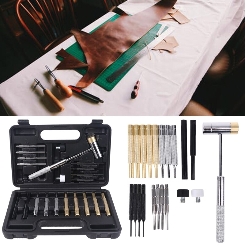 21pcs Punch Tool Set Steel Pin Hammer Brass Leathercraft Repair Maintenance Kit