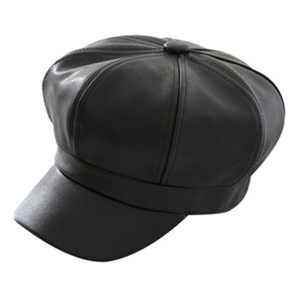 Boina de cuero PU para hombre y mujer, gorra de pintor de Color sólido Retro Para otoño e invierno TC21: Black