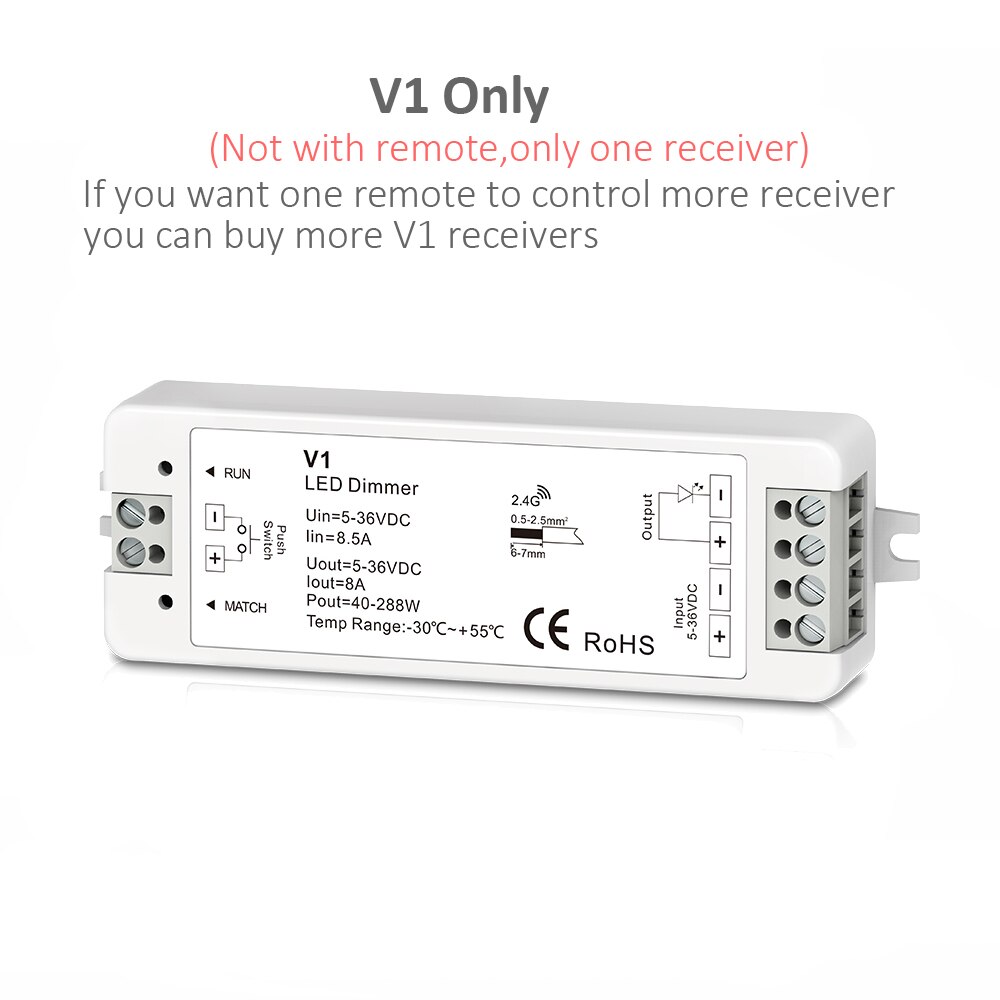 12v led lysdæmper pwm trådløs  rf 2.4g touch fjernbetjening 12v 5v 24v 36v 8a lysdæmper kontakt til enkelt farve led strip lys: Kun v1 dæmpere