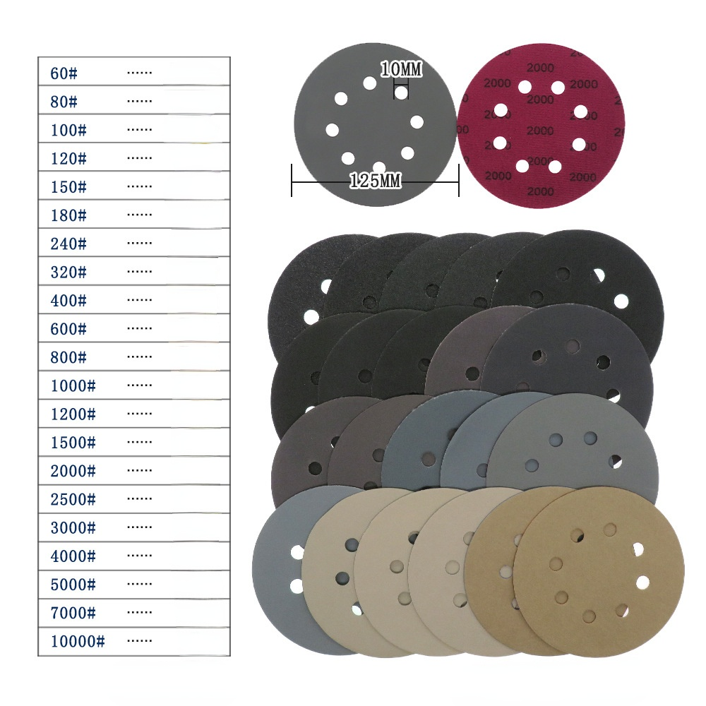 5inch Sandpaper 125mm 60-10000 grit Round Shape Sanding Discs Hook Loop Sanding Paper Buffing Sheet Sandpaper 8 Hole Sander Pad