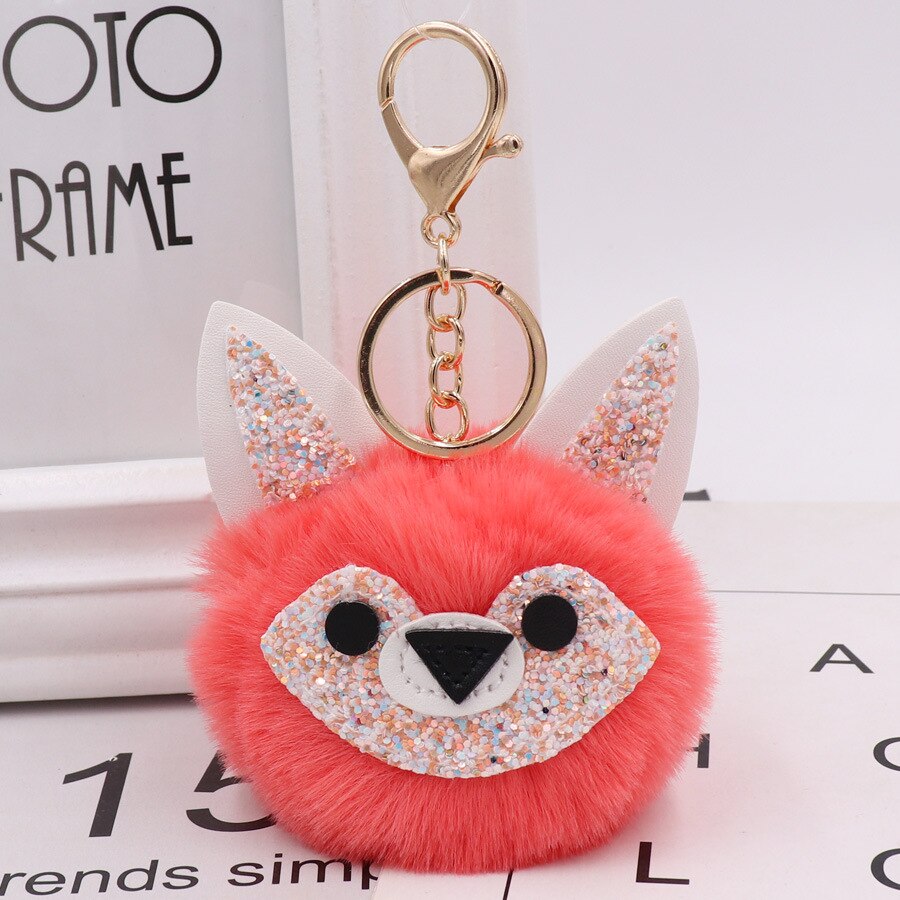 Automne et hiver Style Jade visage renard sac porte-clés modèle Pom-pom porte-clés porte-clés femmes sac pendentif: 4 Orange Red  Gold Tone Chain Buckle