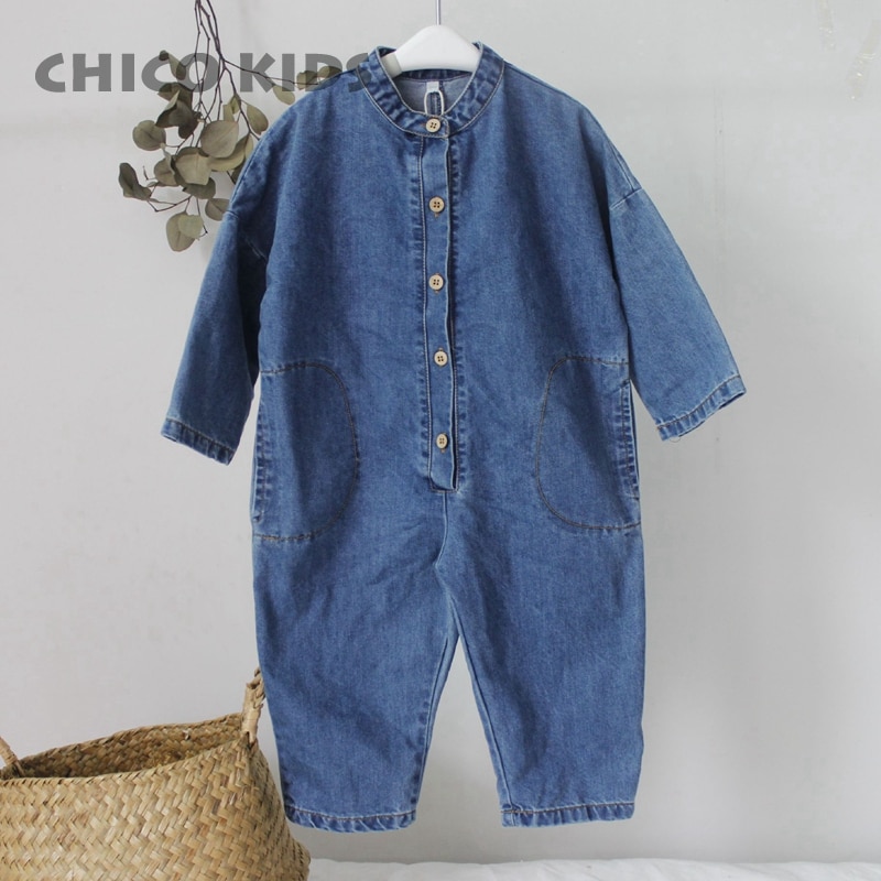 Kids Girls Boys Jean Denim Jumpsuits, Toddlers Boys Long Sleeve Button Bodysuits, Kids Korea Style Jumpsuit