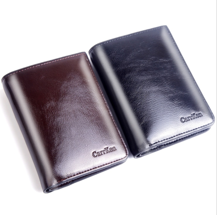 Carteira masculina de zíper com botões, carteira de couro masculina compacta feita em couro com clipe para moedas no óleo, para homens