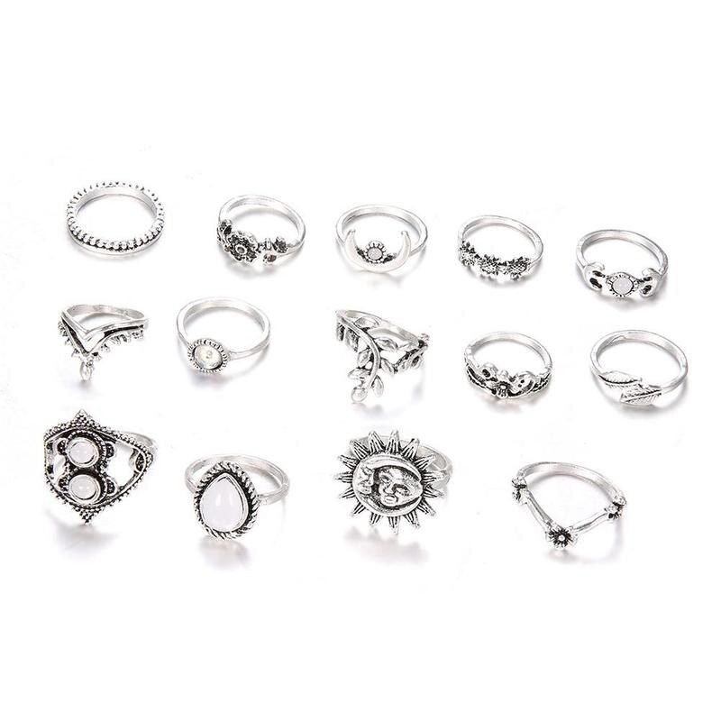 14 Stks/set Moon & Sun Knuckle Opal Set Blad Bloem Hart Kroon Ringen Voor Vrouwen Femme Boho Verklaring Jewelry
