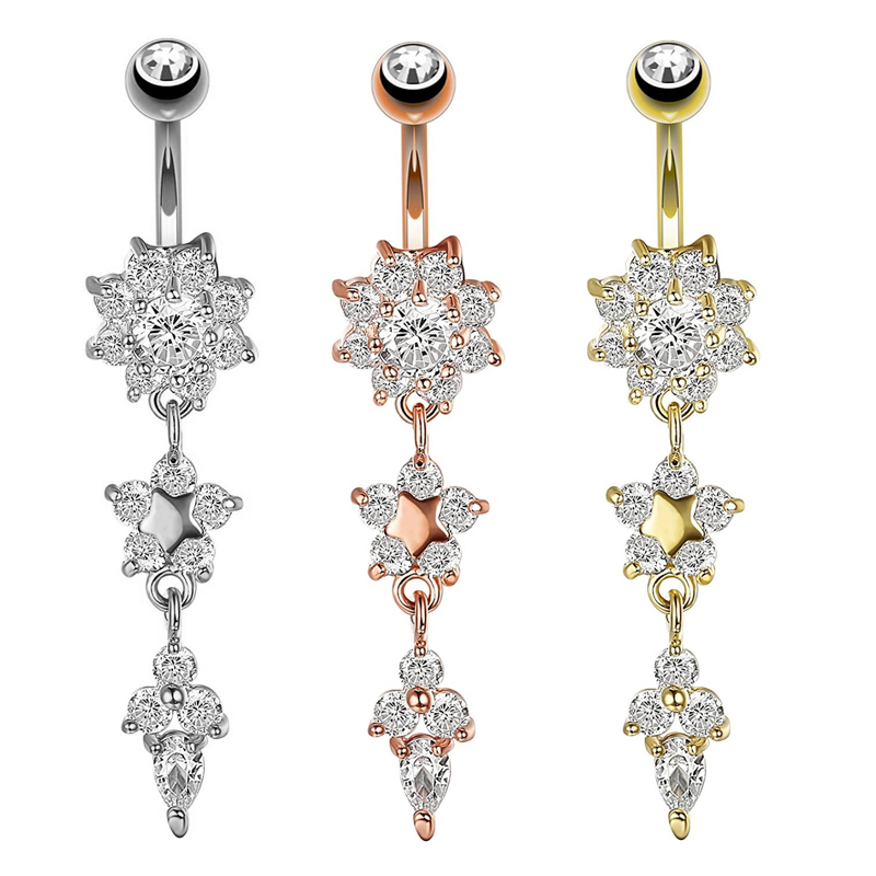 1PC Gold Color Series Crystal Belly Button Rings Snake Flower Heart Belly Ring for Women Stainless Steel Dangled Navel Piercing: WHITE / Blue white zinc plated