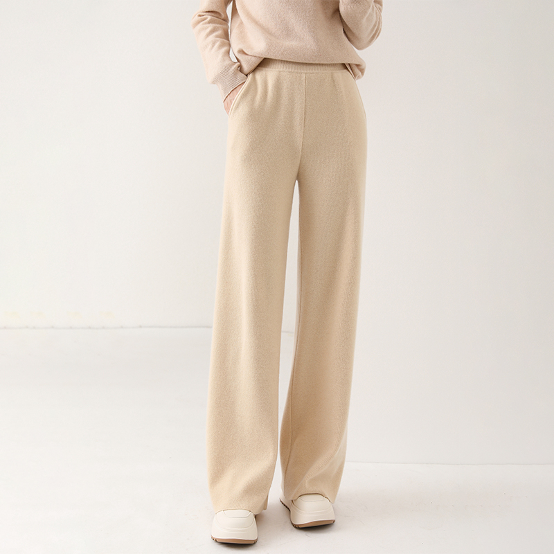 Women Pant 100% Merino Wool Knitting Wide Leg Pants Autumn Winter Solid Color Soft Warm Trousers for female YP01: XL / Beige