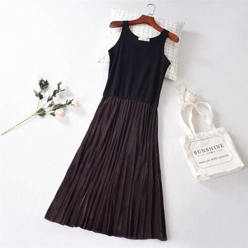 Gold Velvet Pleated Vest Slip Dress Women Ribbed Cotton Stretch Sleeveless Inner Sling Dress Petticoat Autumn Pleuche Full Slip: coffee