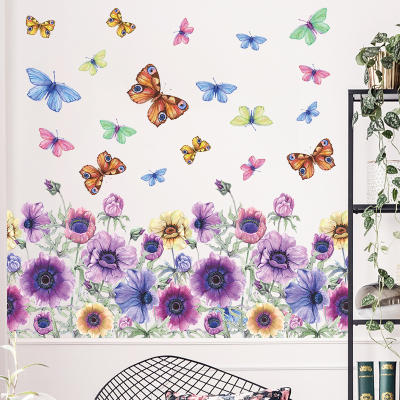 Purple Daisy Flower Butterfly Wall Stickers Bedroom Living Room Dining Room Home Wall Decor Wallpaper Purple Flower Wall Sticker