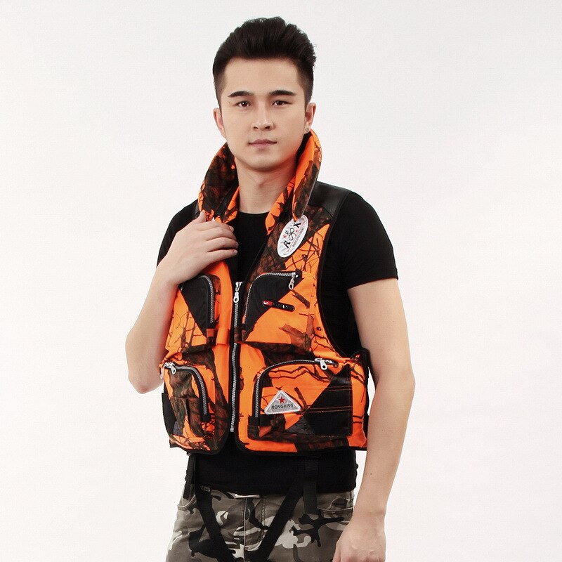 Vision nocturne gilet de pêche imperméable à l'eau col debout femmes hommes multi-poche à la dérive voile sécurité pêche vie sifflet gilet: Orange leaves / 3XL
