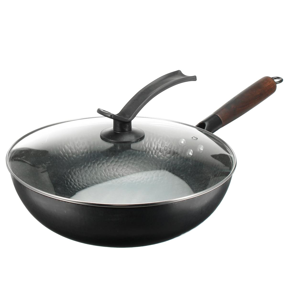 32Cm Handgemaakte Chinese Iron Koekenpan No-Coating Keuken Wok Koekenpan Non-stick Pan Glas/Hout deksel Kookgerei Keuken Koken Gereedschap