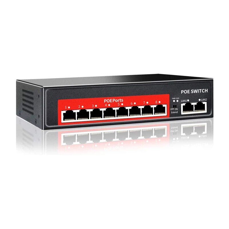 48V POE Switch with 8 100Mbps Ports IEEE 802.3 Af/At over Ethernet IP Camera/Wireless AP/CCTV Camera System