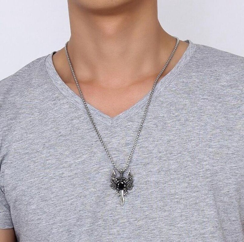 Cool Domineering Double Dragon Sword Pendant Necklaces for Men Punk Best Jewelry