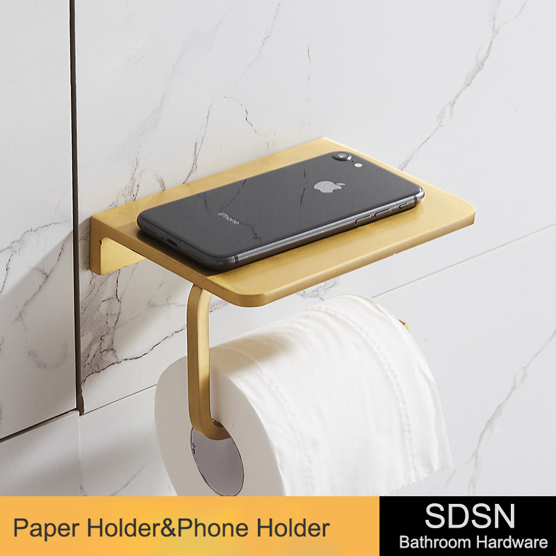 Juego de accesorios dorados para baño, toallero de aleación de aluminio de , trípode de almacenamiento de oro cepillado, estante cuadrado, juegos de accesorios para Baño: phone paper holder