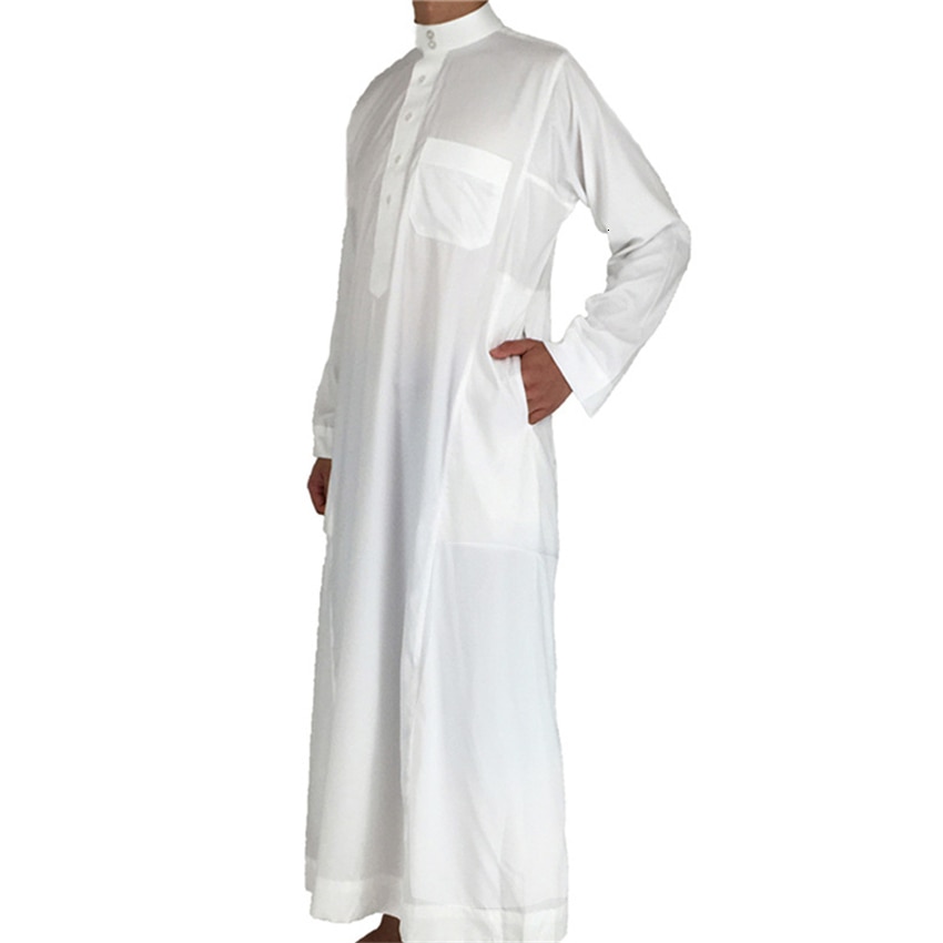White Long Sleeve Islamic Men Clothing Jubba Thobe Abaya Dubai Saudi Arabia Traditional Ramadan Kurta Eid Arab Robes