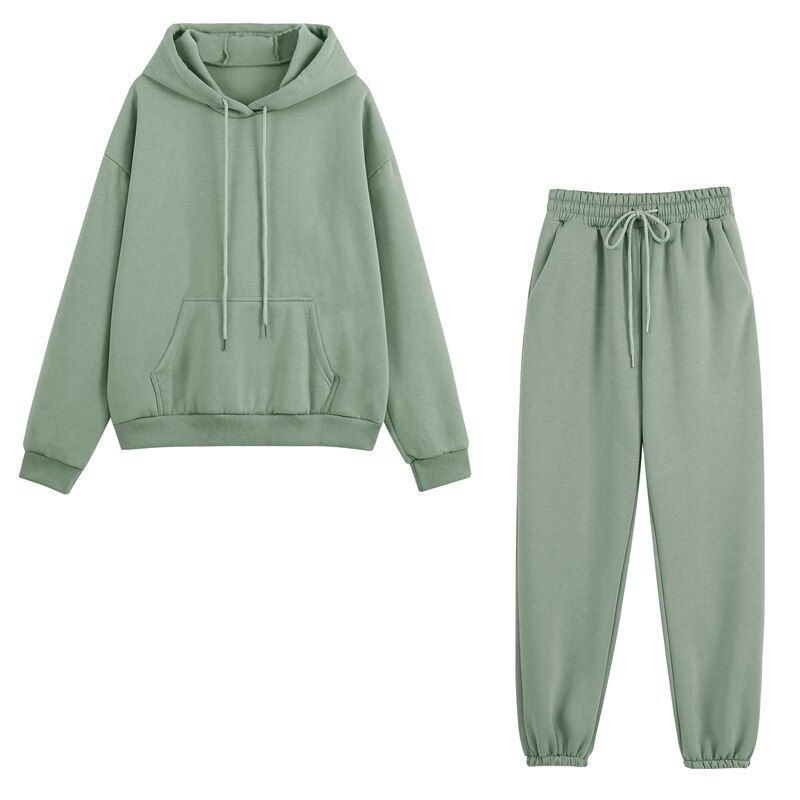 Fleece Tracksuits Women Two Pieces Set Hooded Oversized Sweatshirt Pants Solid Color Hoodie Suits Autumn Winter Casual Outfits: Green / XL