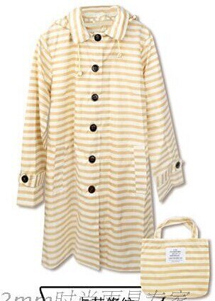 Good 100% waterproof foldable long polyester pvc rain coat raincoat hooded women clothing: BEIGE YELLOW STRIPE