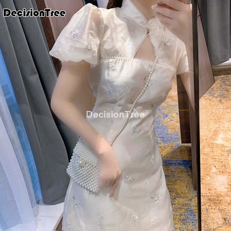Vestido chino de estilo chino para Encaje vintage, vestido blanco satinado con flores, cheongsam, corto,