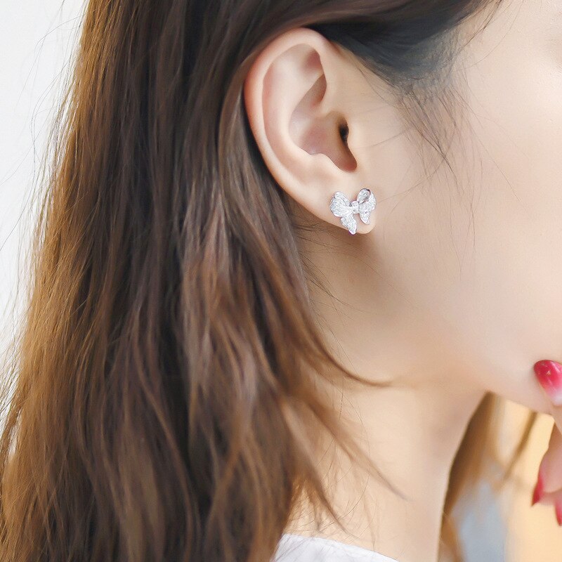 Korean Earring Bow Stud Earring for Women Bling Charm Inlaid Zircon Bowknot Earring Wedding Engagement Jewelry