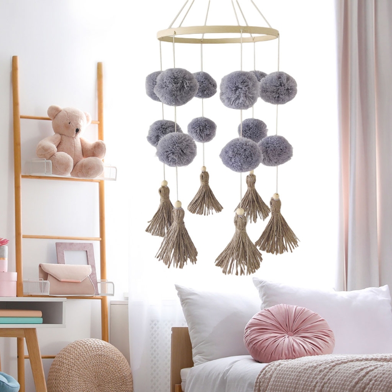 Carillon à vent en bois pour bébé, Mobile, pompon coloré en peluche, boule suspendue