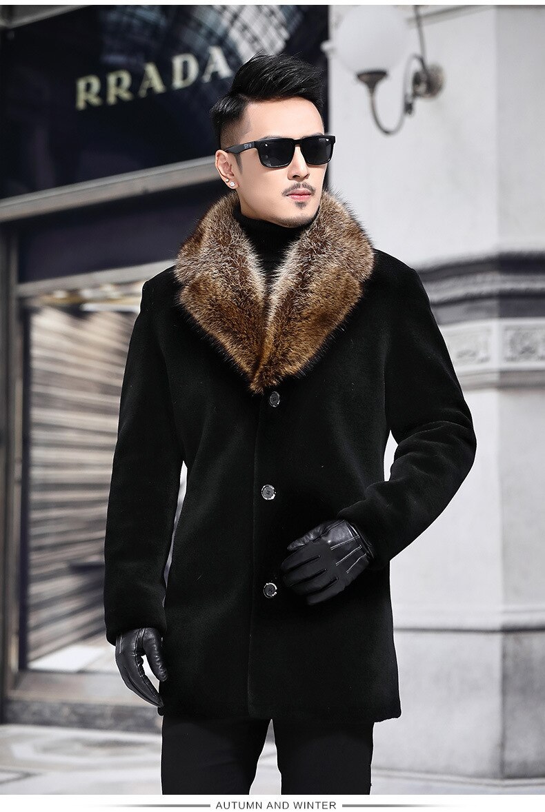 Big Fur Windbreaker Jacket Men Black Long Overcoat Mens Trench Coat Casual Slim Fit Wool Blends Jackets and Coats Outwear 5XL