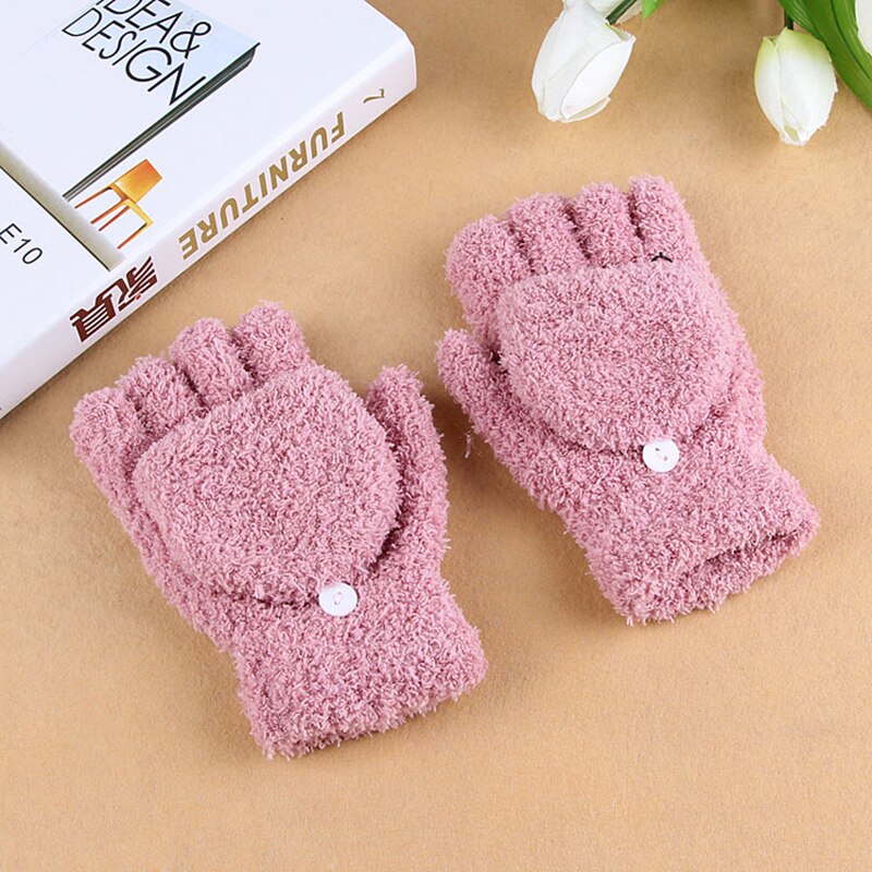 Een Paar Vrouwen Meisjes Herfst Zachte Fleece Handschoenen Voor Dames Winter Warm Flip Cap Wanten Half Vinger Handschoenen Pols Glovers: Pink