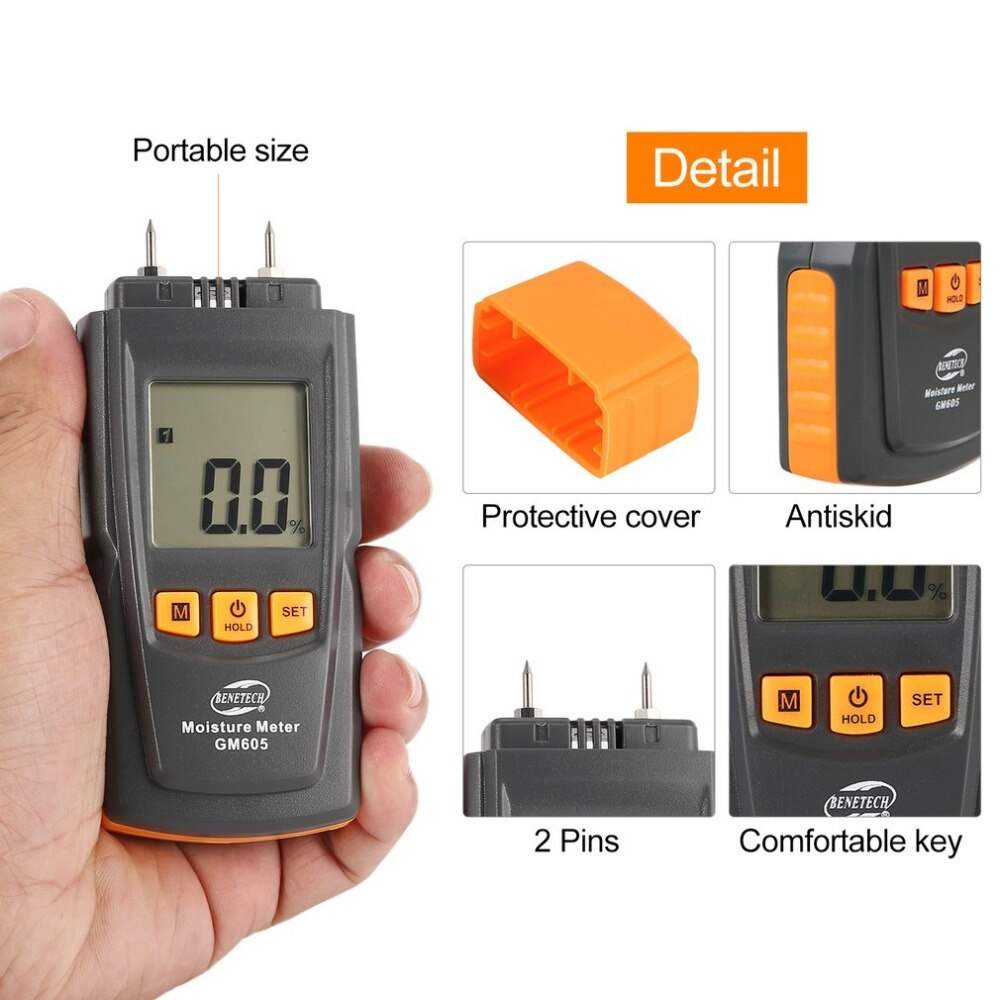 GM605 Digital LCD Display Wood Moisture Meter Humidity Tester Timber Paper Tree Damp Detector 2 Pins Hygrometer