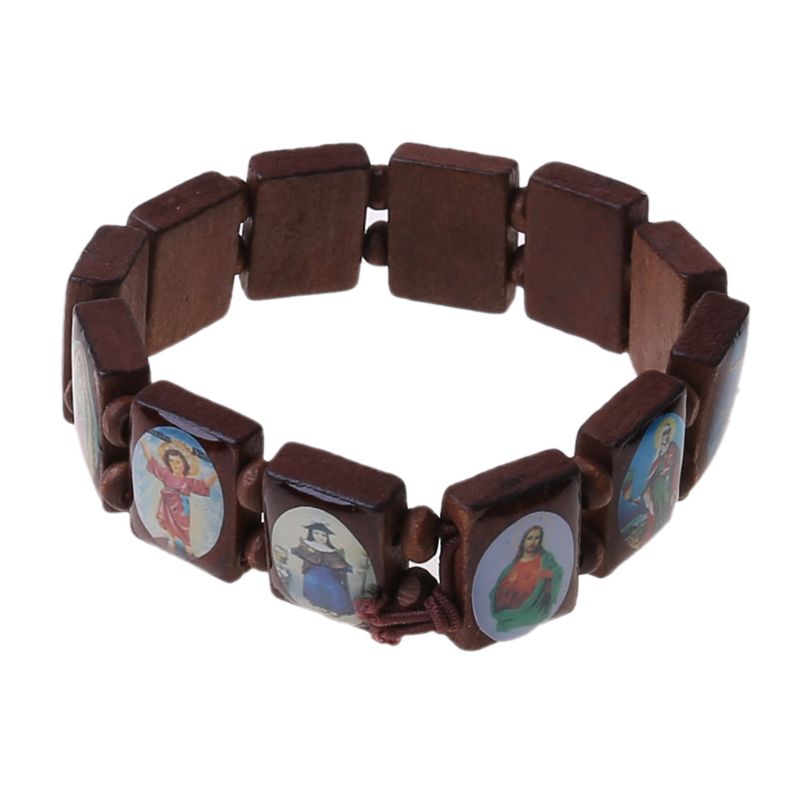 4Pc Katholieke Sieraden Christian Levert Houten Icoon Elastische Bead Armband