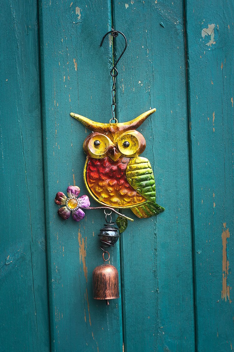 Ornamentos para decoração de jardim, decoração de ferro forjado em vidro colorido de coruja laranja e vento, pingente idílico, pastoral, ambiente externo