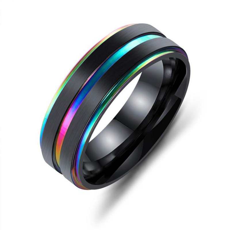 Black Stainless Steel Basic Ring for Men With Rainbow Line Classic Male Wedding Band Multi Color Jewelry Fraternal Rings